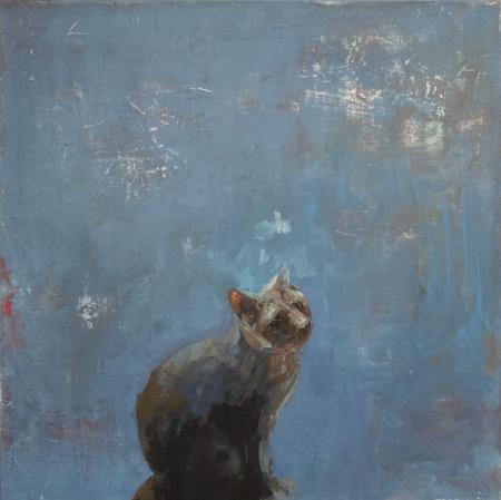 Painting of grey cat with blue background