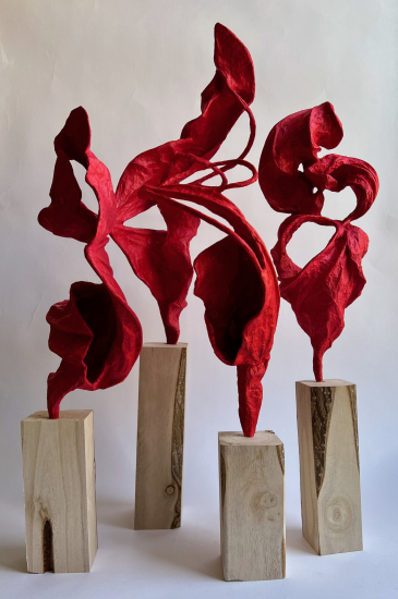 Four Dancing Pieces, Paulownia leaf and wood, Hanji Nara Paper Linda Lorrie Gross